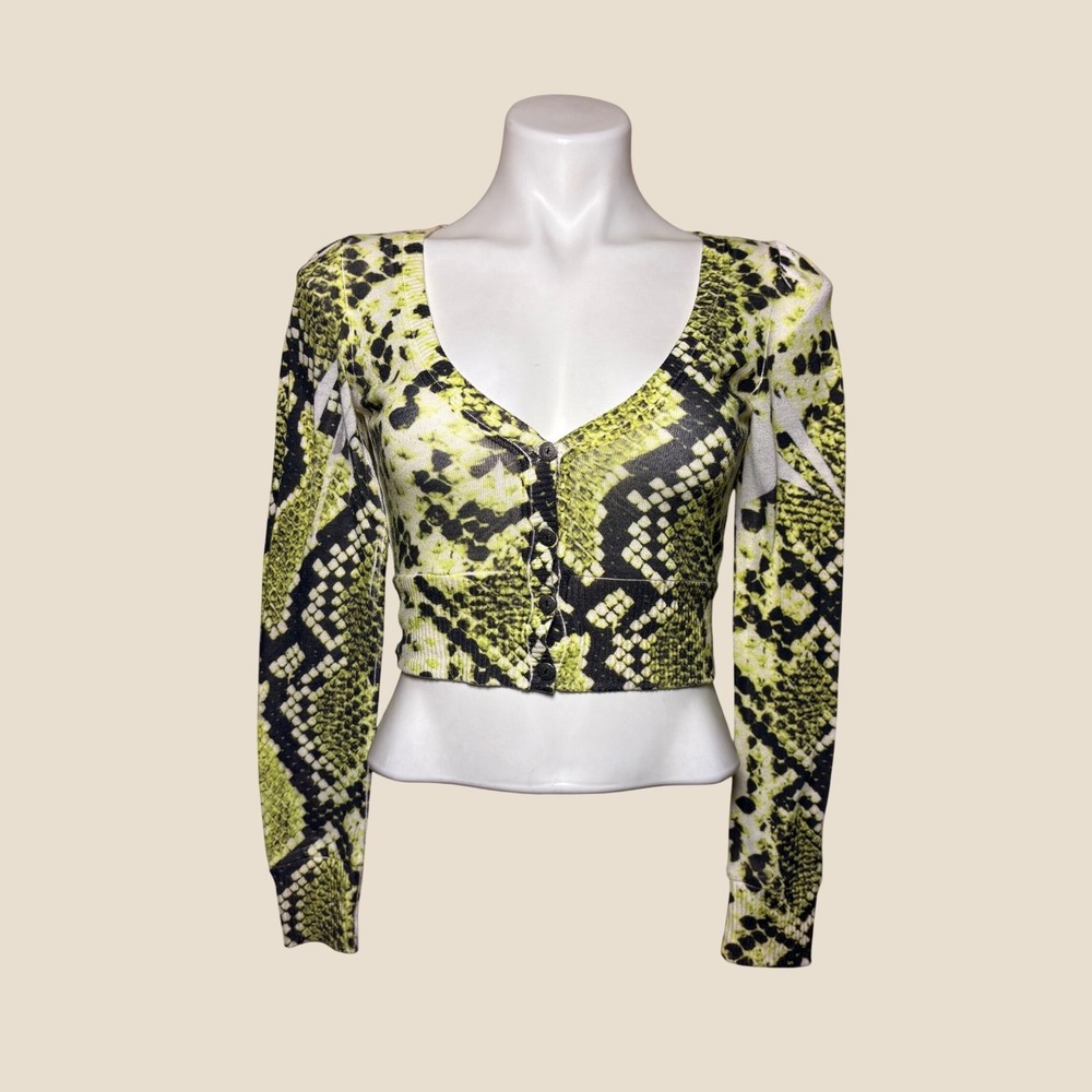 Y2K Crimson Ivy Lime Green Snakeskin Print Rhinestone Cropped Cardigan #14